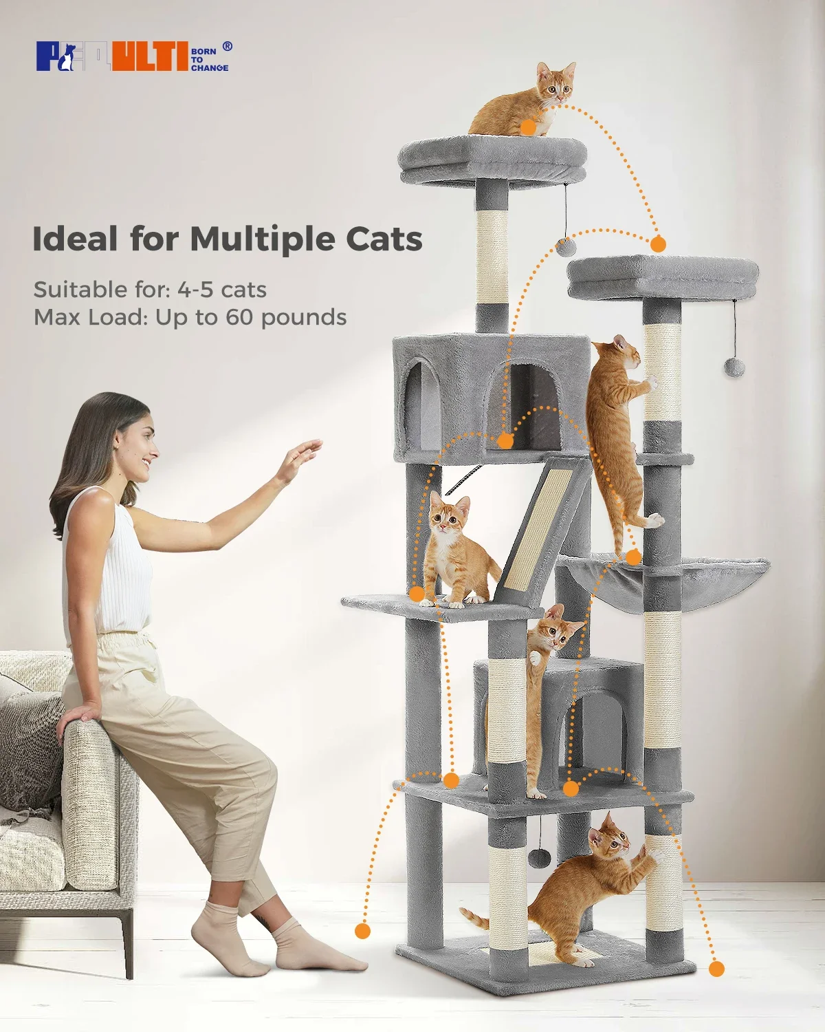 Large Cat Tree for Indoor Tall Tower for Cat Multi-Level Plush with Natural Sisal Scratching Post Condos Perches Hammock - Image 22