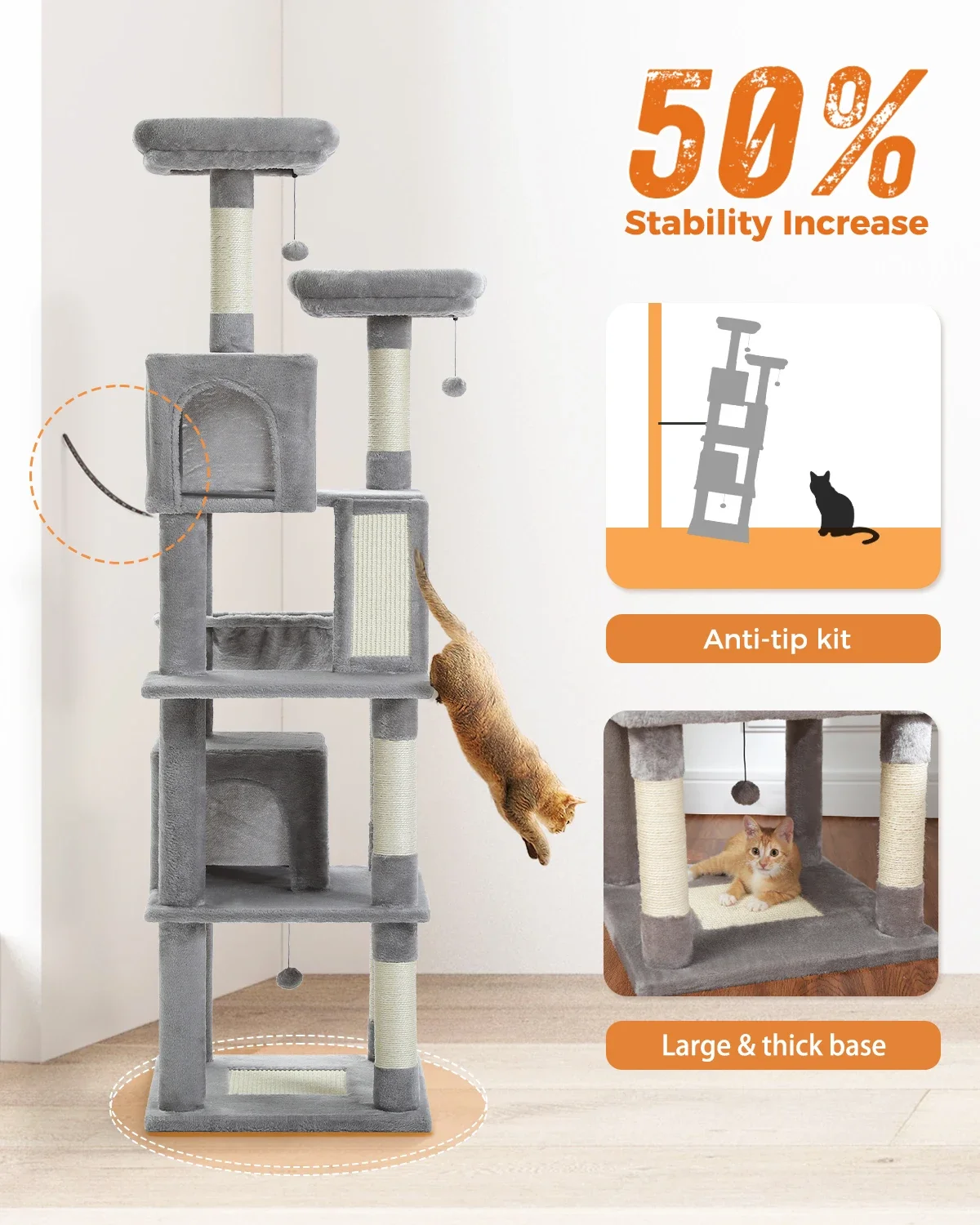 Large Cat Tree for Indoor Tall Tower for Cat Multi-Level Plush with Natural Sisal Scratching Post Condos Perches Hammock - Image 2